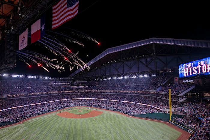 A view of the field and the ballpark and the fireworks after Texas Rangers shortstop Corey Seager hit ga ame-tying solo home run against the Houston Astros in the third inning during Game 4 of the ALCS at Globe Life Field Thursday night.